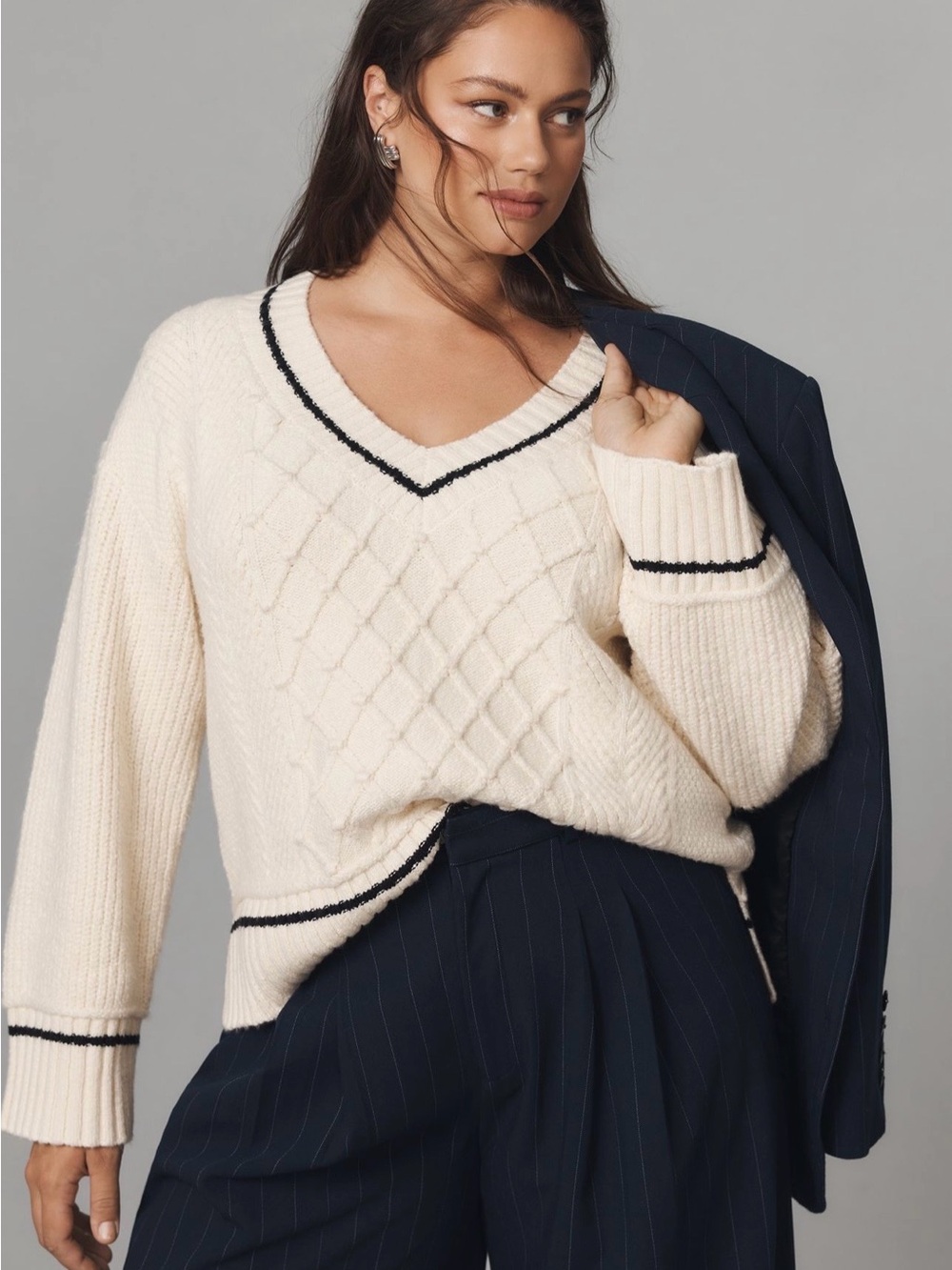 Anthropologie Maeve Cream V-Neck Cable Knit Sweater with Black Trim